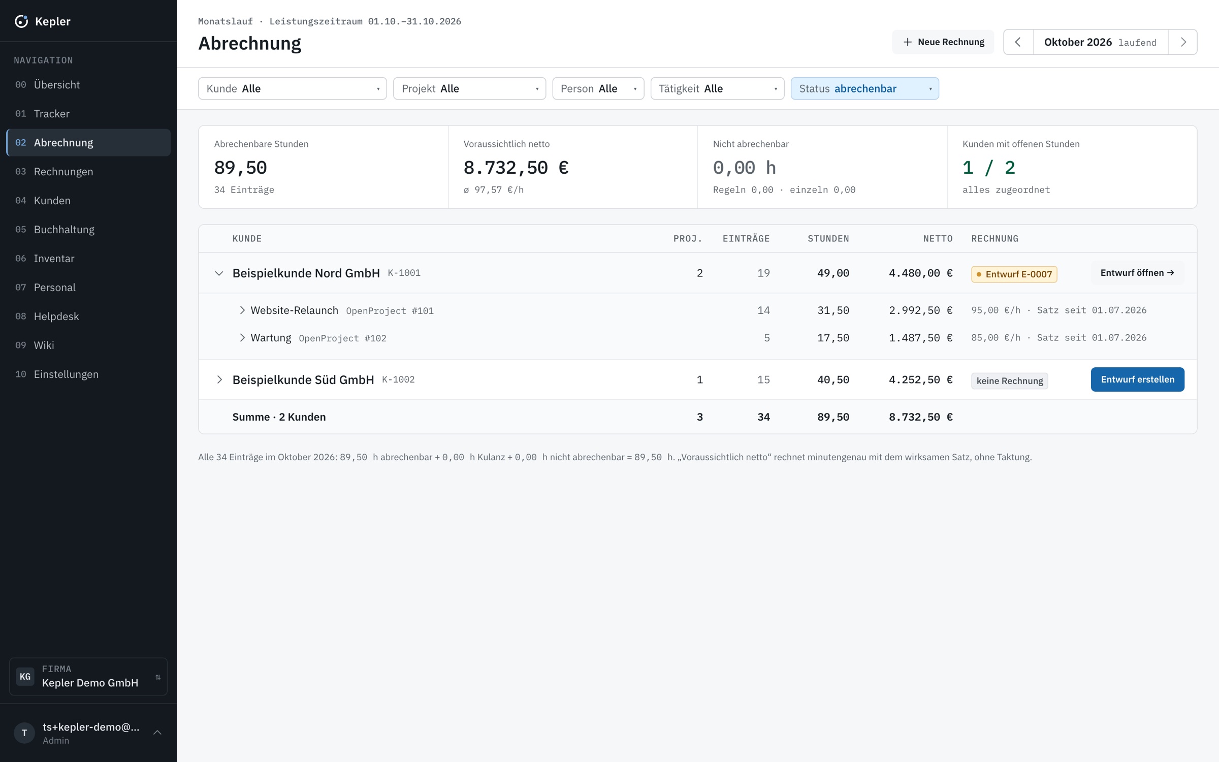 Abrechnung Oktober in Kepler mit Stunden je Kunde und Projekt (Demo-Daten)